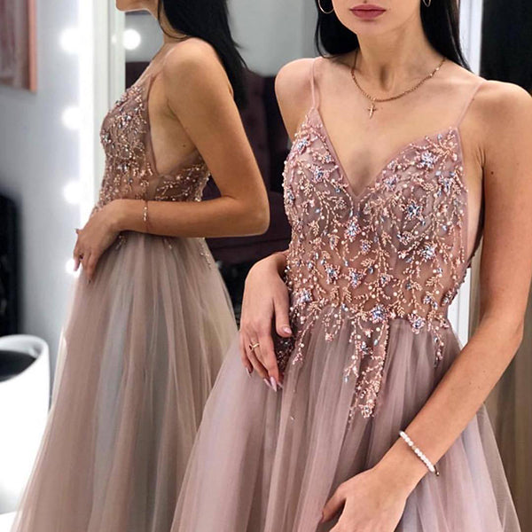 simidress.com supply Grey Tulle Sparkly A-line V-neck Beaded Spaghetti Straps Long Prom Dresses, SP577b