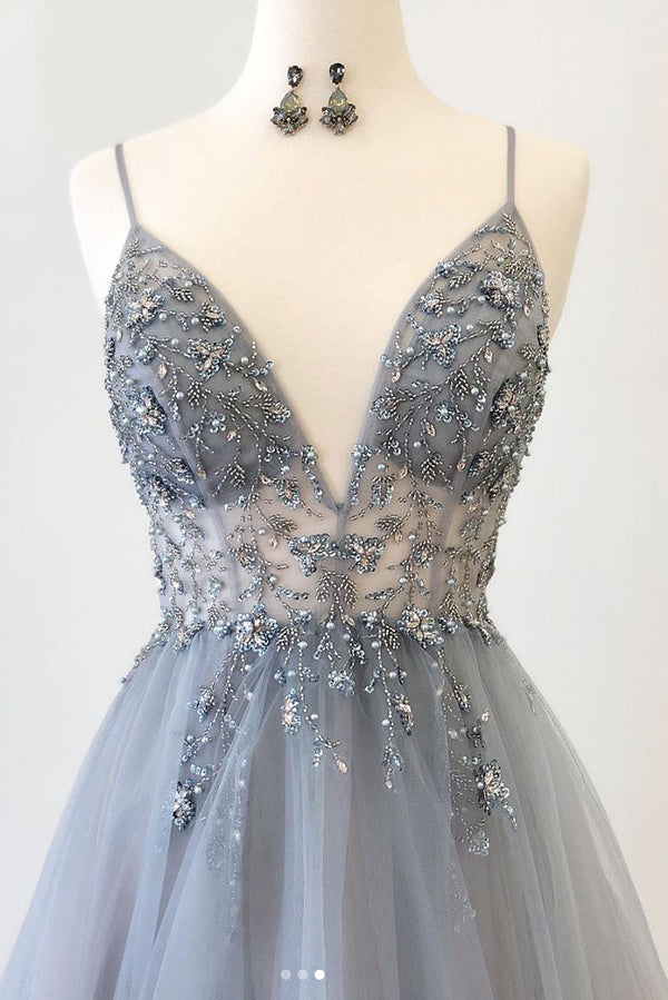simidress.com supply Grey Tulle Sparkly A-line V-neck Beaded Spaghetti Straps Long Prom Dresses, SP577d