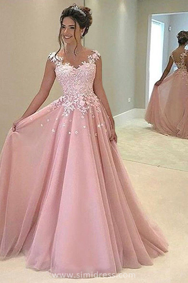 Beautiful Pink Ball Gown Chiffon Sweatheart Prom Dresses With Lace Appliques, SP578