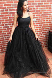Cute Sparkly Black Tulle Scoop Neck Ball Gown Cross Back Prom Dresses, SP582