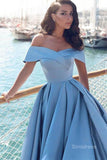 Find Unique Blue Ball Gown Off-the-Shoulder Satin Split Prom Dress With Train, SP583 at www.simidress.com