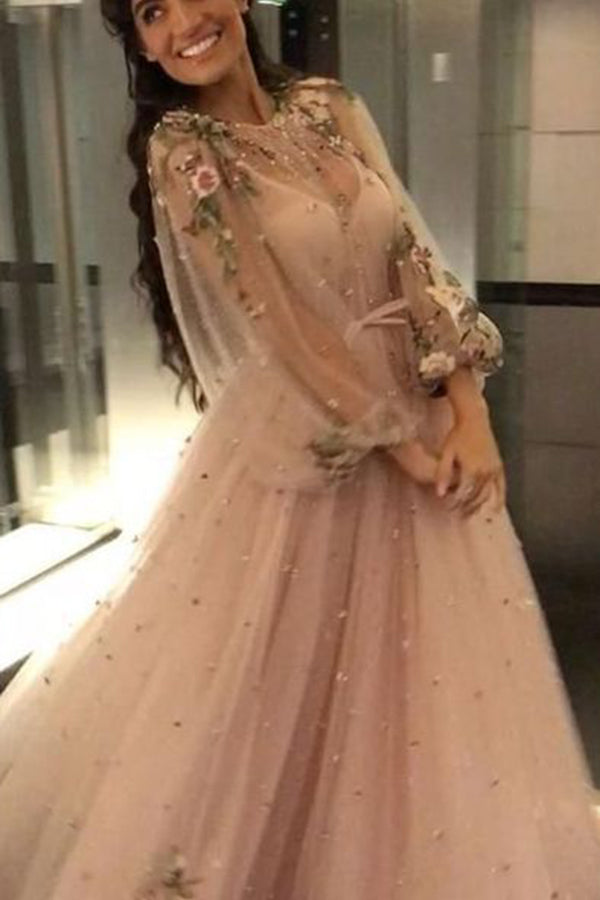Sparkly Pink Beaded Long Sleeve Floor-length Floral Prom Dresses Evening Dress, SP585
