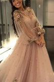 Sparkly Pink Beaded Long Sleeve Floor-length Floral Prom Dresses Evening Dress, SP585