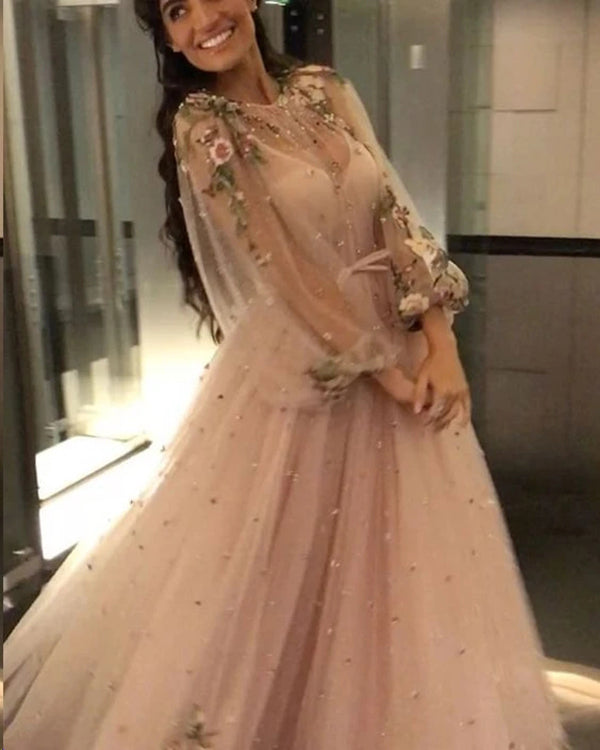 Find Sparkly Pink Beaded Long Sleeve Floor-length Floral Prom Dresses Evening Dress, SP585 at www.simidress.com