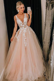 New Arrival Pink Tulle Lace Appliques V Neck Long Prom Dresses, Evening Dress, SP586