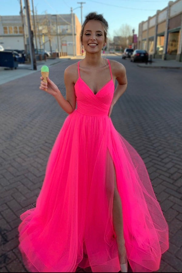 New Style Simple A-line Tulle V-Neck Spaghetti Straps Long Prom Dress with Slit, SP588