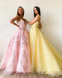 Find Modest Tulle A-line Appliques Spaghetti Straps Floor Length Lace Prom Dress, SP589 at simidress.com