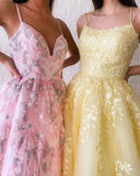 www.simidress.com offer Modest Tulle A-line Appliques Spaghetti Straps Floor Length Lace Prom Dress, SP589
