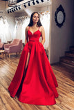 New Arrival Satin Red A-line V-neck Spaghetti Straps Long Prom Dresses with Slit, SP590