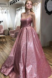 Sparkle Floor Length A-line Scoop Spaghetti Straps Long Prom Dress with Pockets, SP591
