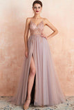 Rose Beaded Spaghetti Straps A-Line V-neck Tulle Long Prom Dress With Slit, SP592