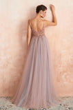 simidress.com offer Rose Beaded Spaghetti Straps A-Line V-neck Tulle Long Prom Dress With Slit, SP592