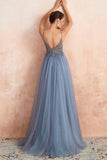 Blue Beaded Spaghetti Straps A-Line V-neck Tulle Long Prom Dress With Slit, SP592 | prom dresses cheap | prom dresses near me | evening dresses | formal dresses | Simidress.com