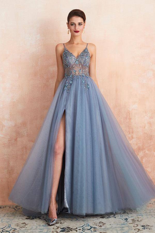 Blue Beaded Spaghetti Straps A-Line V-neck Tulle Long Prom Dress With Slit, SP592 | prom dress blue | beaded prom dresses | Simidress.com