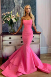 Elegant Hot Pink Satin Mermaid Long Prom Dress with Strapless Neckline, SP593