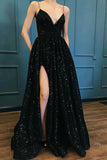 Luxury Black Sequins A-line Spaghetti Straps Long Prom Dresses With Split, SP594