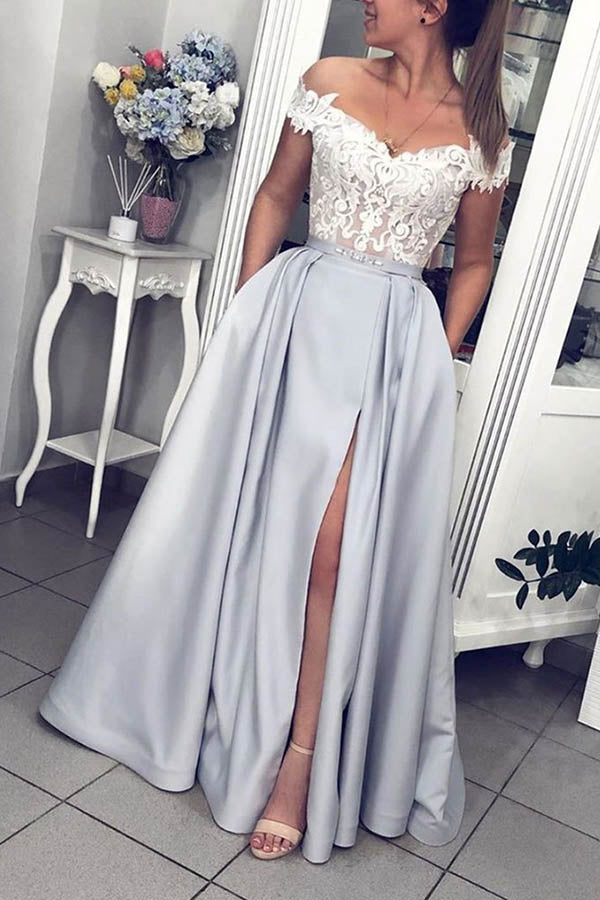 Grey Lace Off-the-Shoulder Long Prom Dresses With Slit, Formal
