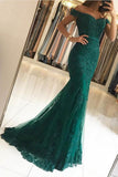 Dark Green Lace Off-The-Shoulder Pearl Beaded Mermaid Long Prom Dresses, SP596