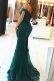 simidress.com offer Dark Green Lace Off-The-Shoulder Pearl Beaded Mermaid Long Prom Dresses, SP596