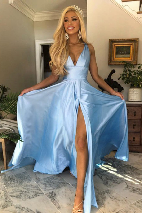 Simple Light Blue Satin A-line Open Back V-neck Long Prom Dresses