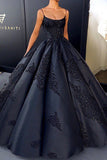 Black Ball Gown Spaghetti Straps Long Prom Dress Party Dress With Lace Appliques, SP598