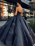 Buy Black Ball Gown Spaghetti Straps Long Prom Dress Party Dress With Lace Appliques, SP598 from www.simidress.com