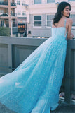 New Arrival Light Blue Beautiful Tulle A-Line Spaghetti Straps Prom Dress With Stars, SP599