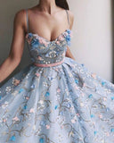 www.simidress.com supply Elegant Sky Blue Spaghetti Straps Long Prom Dresses with Flower Appliques, SP600