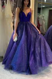 Beautiful Royal Blue Sparkling Tulle A-line Satin Top Long Prom Dress, SP601