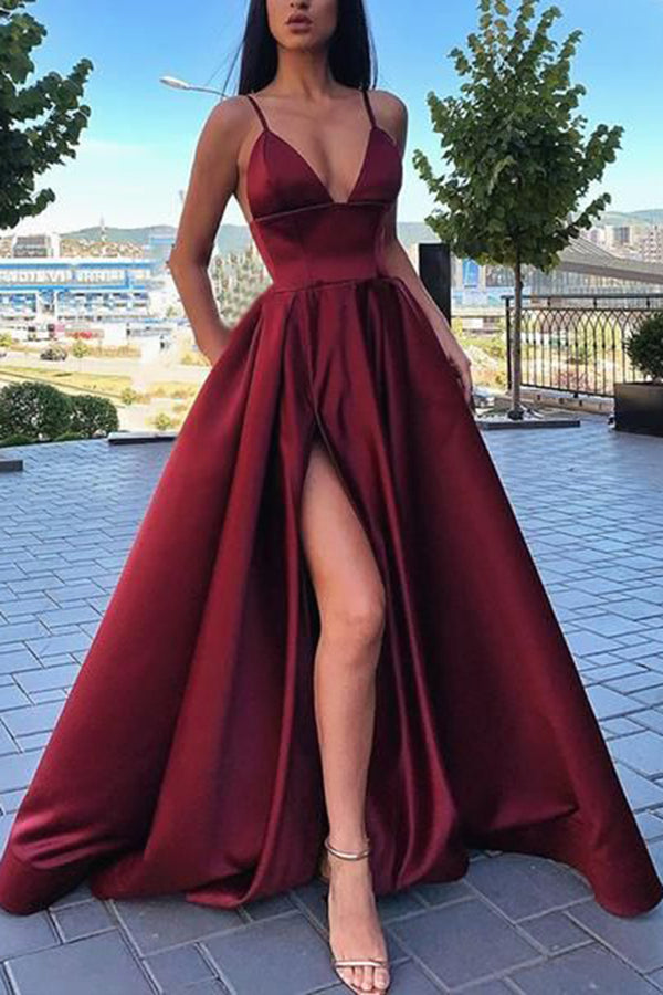 Glossy Red Satin Spaghetti Straps Slit Prom Dress - Promfy