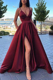 Simple Dark Red Satin Ball Gown V-neck Spaghetti Straps Prom Dress with Pockets, SP602