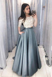 Unique Off-the-Shoulder Two Piece Half Sleeve Lace Floor Length Prom Dress, SP604