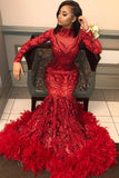 Find Unique Red Long Sleeve Mermaid Sequined Long Prom Dress With Feather, SP605 at www.simidress.com