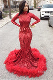 Unique Red Long Sleeve Mermaid Sequined Long Prom Dress With Feather, SP605