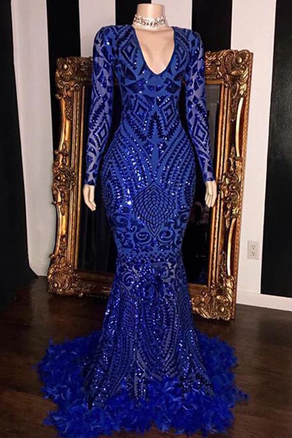 Beautiful Mermaid Royal Blue Deep V-neck Long Sleeves Sequined Prom Dr Simidress Beautiful Mermaid Royal Blue Deep V-neck Long Sleeves Sequined Prom Dr Simidress