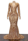 Beautiful Mermaid Gold Deep V-neck Long Sleeves Sequined Prom Dresses, SP606