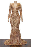 Beautiful Mermaid Gold Deep V-neck Long Sleeves Sequined Prom Dresses, SP606