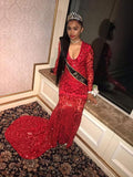 Beautiful Mermaid Red Deep V-neck Long Sleeves Sequined Prom Dresses, SP606