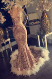 Sexy Mermaid Sequined Feather Halter Neck Appliques Prom Dress With Feather, SP607