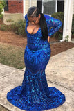 Trendy Royal Blue V-neck Long Sleeve Mermaid Plus Size Sequined Prom Dress, SP608
