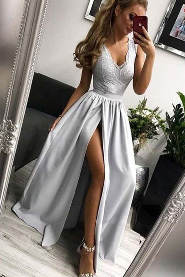 Elegant Grey Open Back A Line V Neck Lace Floor Length Prom Dress with Split, SP609