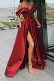 simidress.com supply Simple Satin Off Shoulder Front Split Floor Length Prom Dresses Party Dresses, SP610