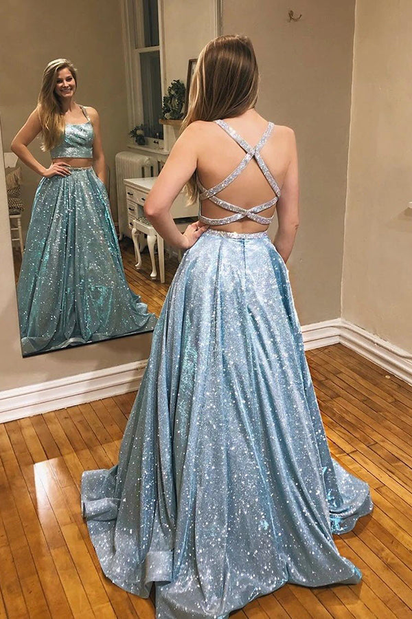 Sparkle Lavender Two Piece Floor Length Prom Dresses, Party Dresses, SP611