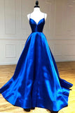 Simple Royal Blue A-line V-neck Spaghetti Straps Long Prom Dresses Party Dresses, SP612