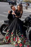 Two Piece Prom Dresses Black Lace Floral Print Long Sleeves Prom Dresses, SP613