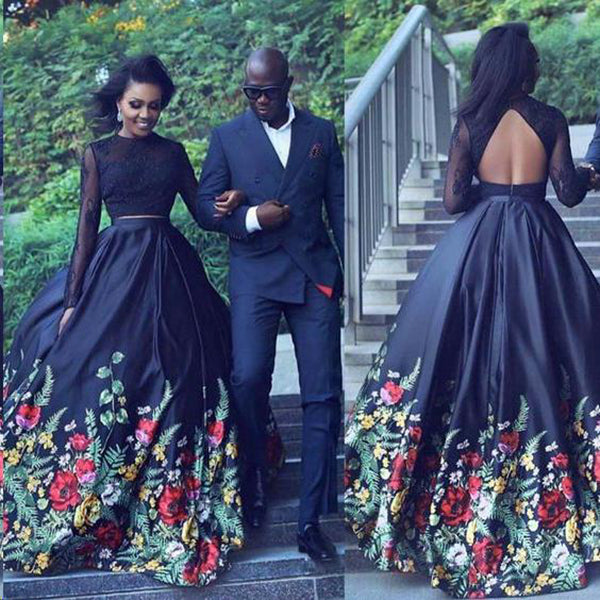 Round Neck Black Floral Lace Long Prom Dresses, Black Lace Floral