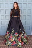 Find Two Piece Prom Dresses Black Lace Floral Print Long Sleeves Prom Dresses, SP613 at www.simidress.com