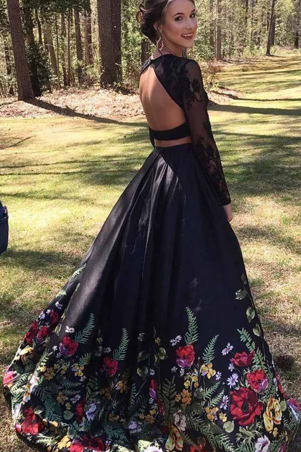 Two Piece Prom Dresses Black Lace Floral Print Long Sleeves Prom Dress –  Simidress
