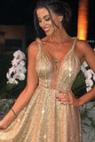 Sparkle Gold Sequins A-Line V-neck Long Prom Dress With Short Train, SP614