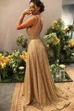 www.simidress.com supply Sparkle Gold Sequins A-Line V-neck Long Prom Dress With Short Train, SP614